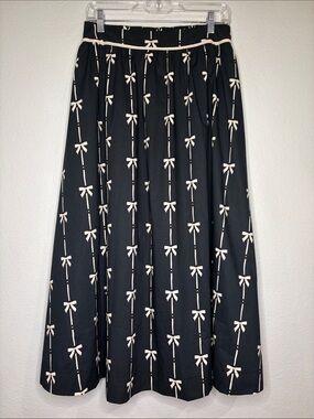 NWT Pinch bow ribbon print cotton full midi skirt elastic back side zip black M